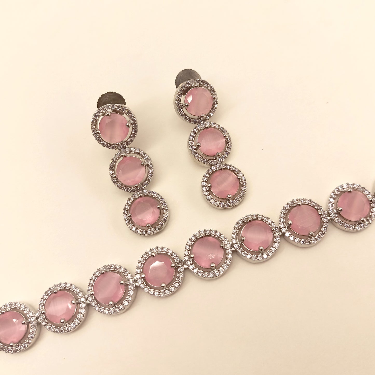 Shireen Silver Plated Semiprecious Pink Stone American Diamond set