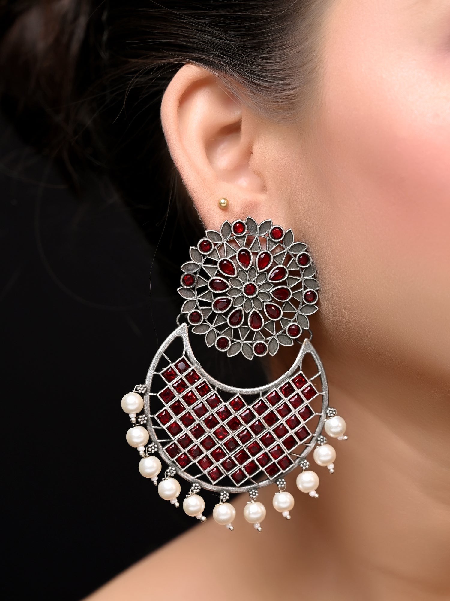 Silver Replica Chandbali Earrings With Gunguroos, White