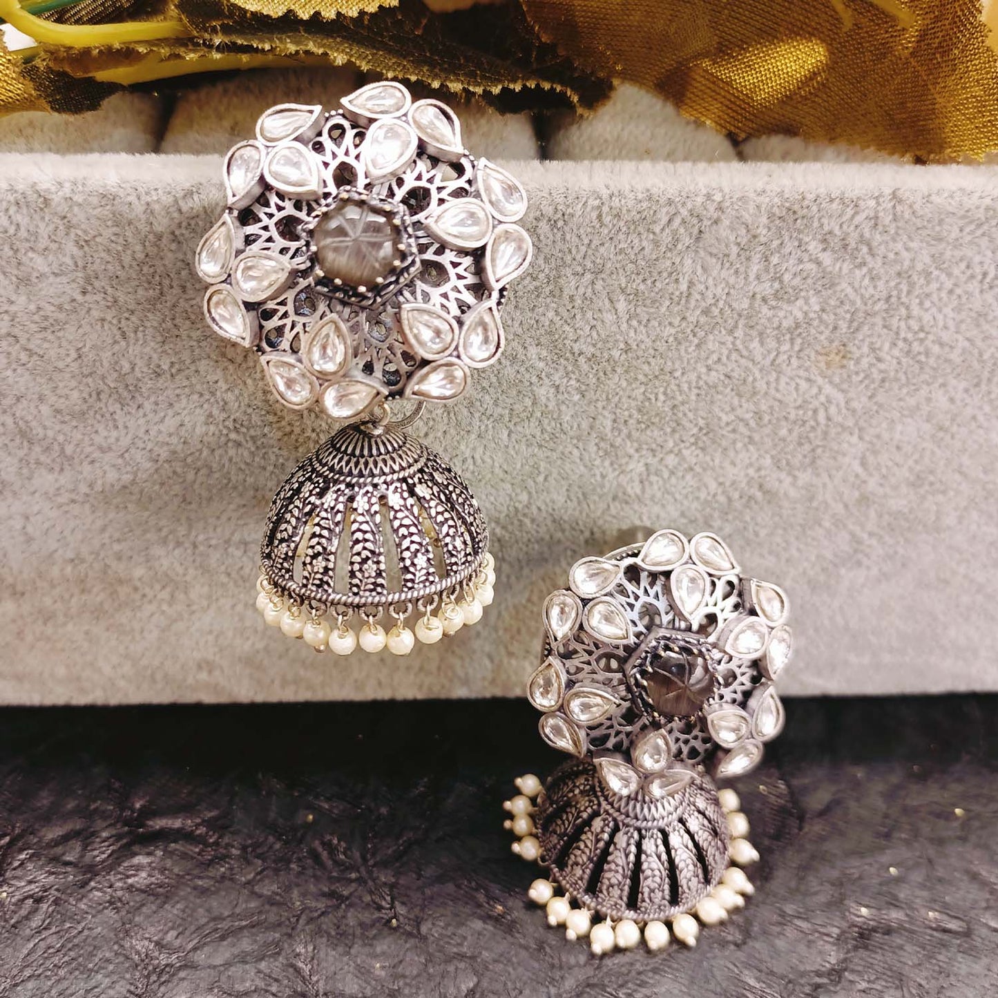 Meenal Charcoal Stone Silver Plated Boutique Jhumki