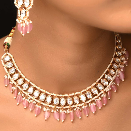 Raihana Baby Pink Diamond Gold Plated Kundan Set