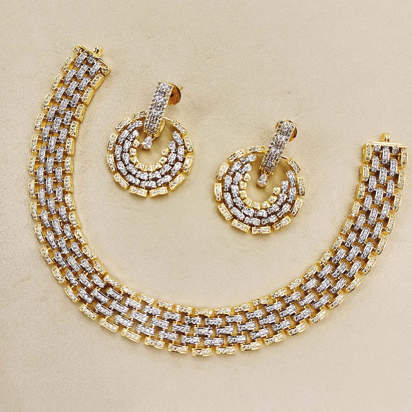 Azma Broad Real Looking Diamond Gold Plated Necklace Set