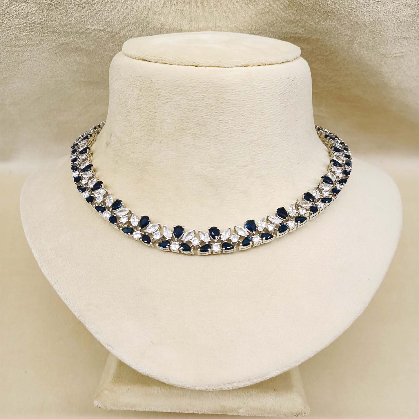 Hizra American Diamond Neckline With Blue Sapphire Stones