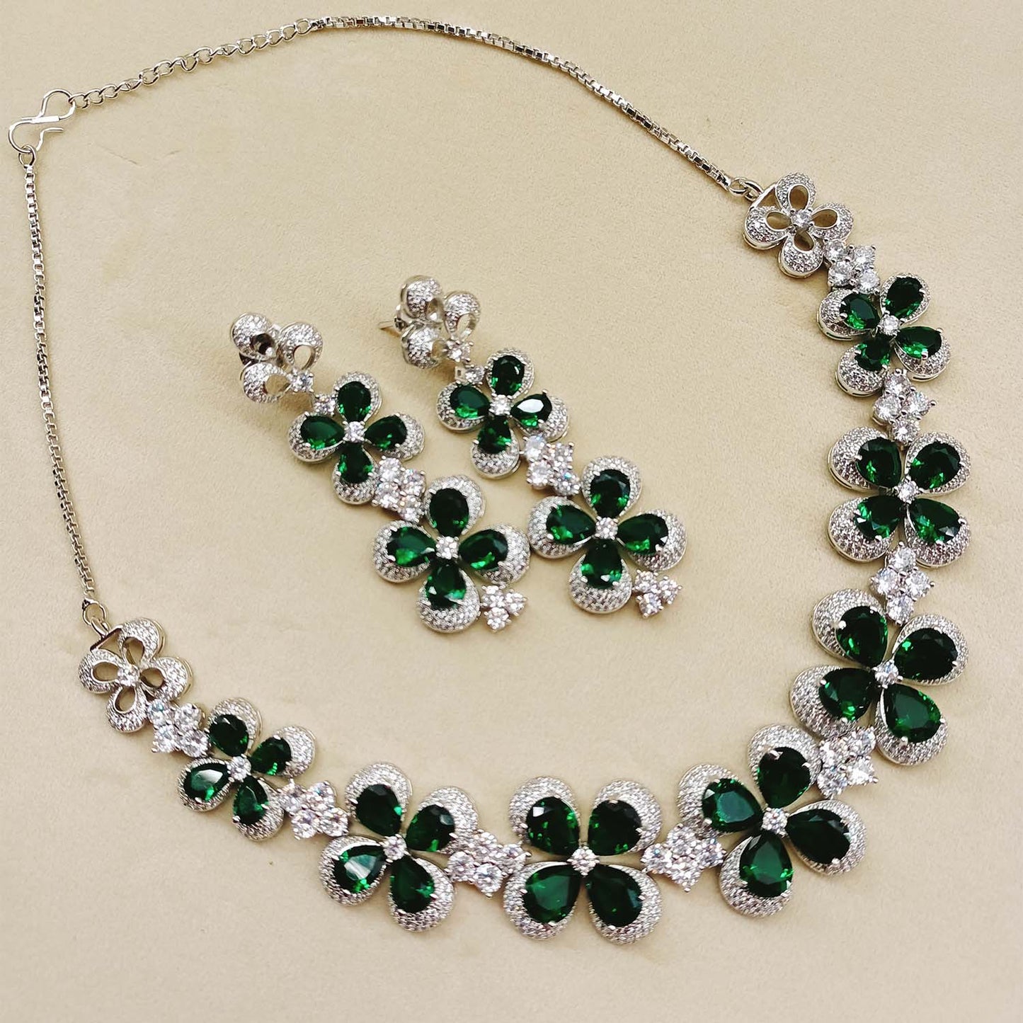 Husna Diamonds Green Emerald Necklace Set