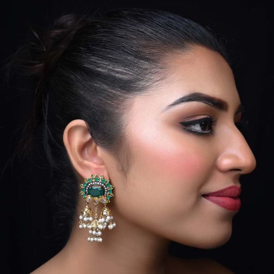 Poonam Green Emerald Stoned American Diamond Jhumki