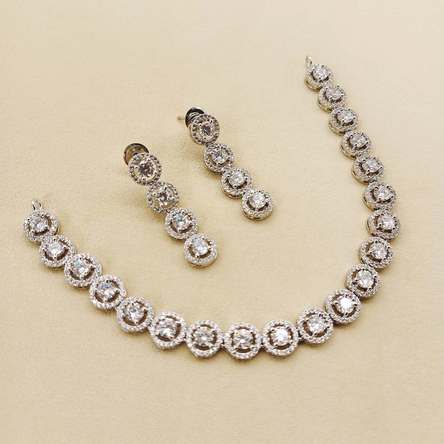 Ishraq Diamond Neck Line Silver Plated Necklace Set