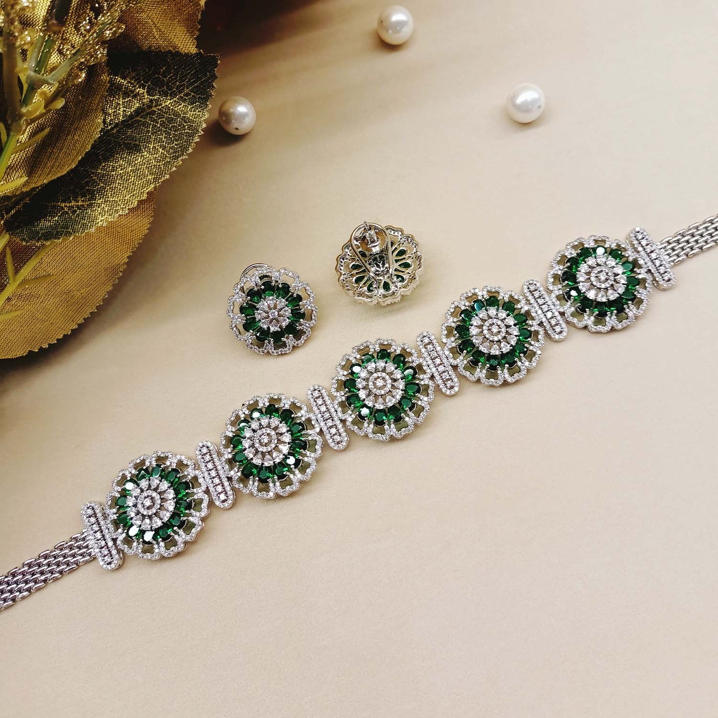 Neelofar Green Diamond Silver Plated Necklace Set