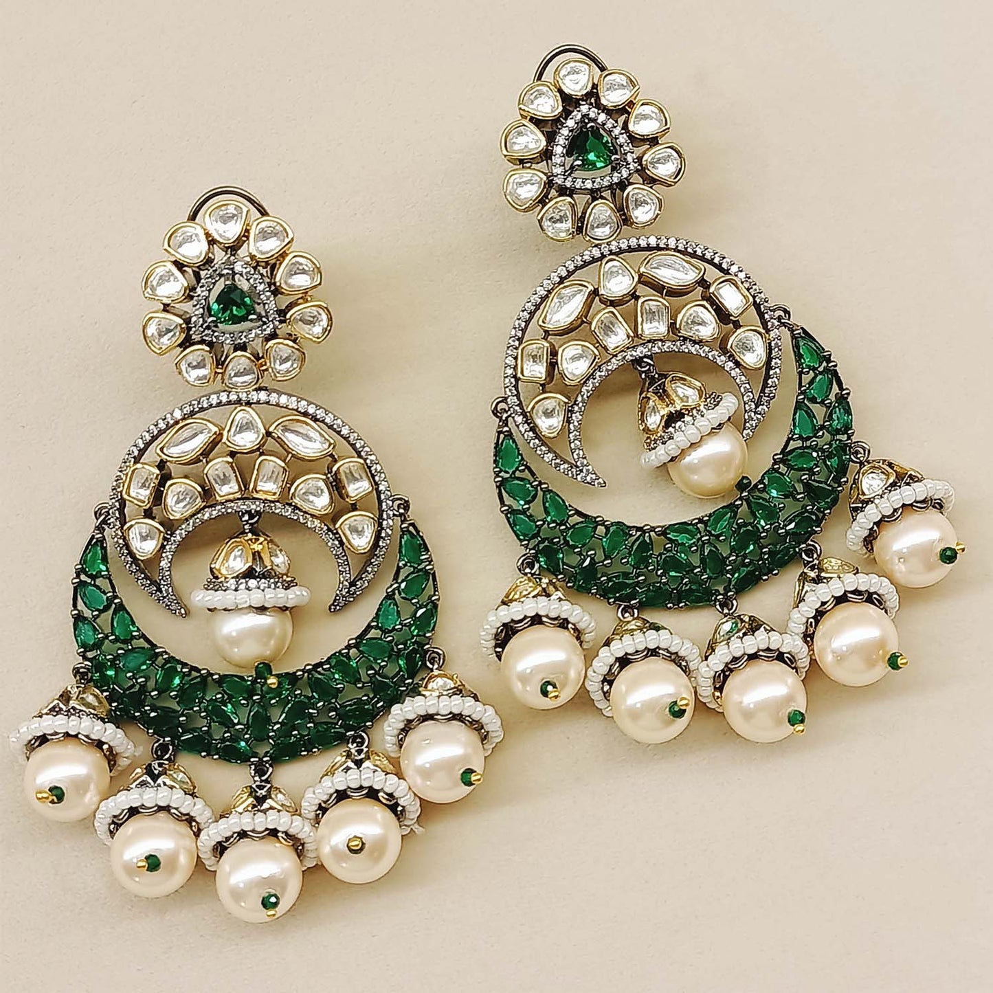 Mishika Green Rhodium Plated Victorian Earrings