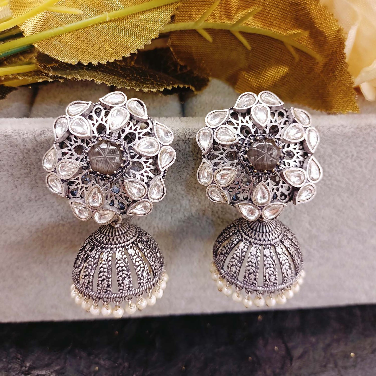 Meenal Charcoal Stone Silver Plated Boutique Jhumki