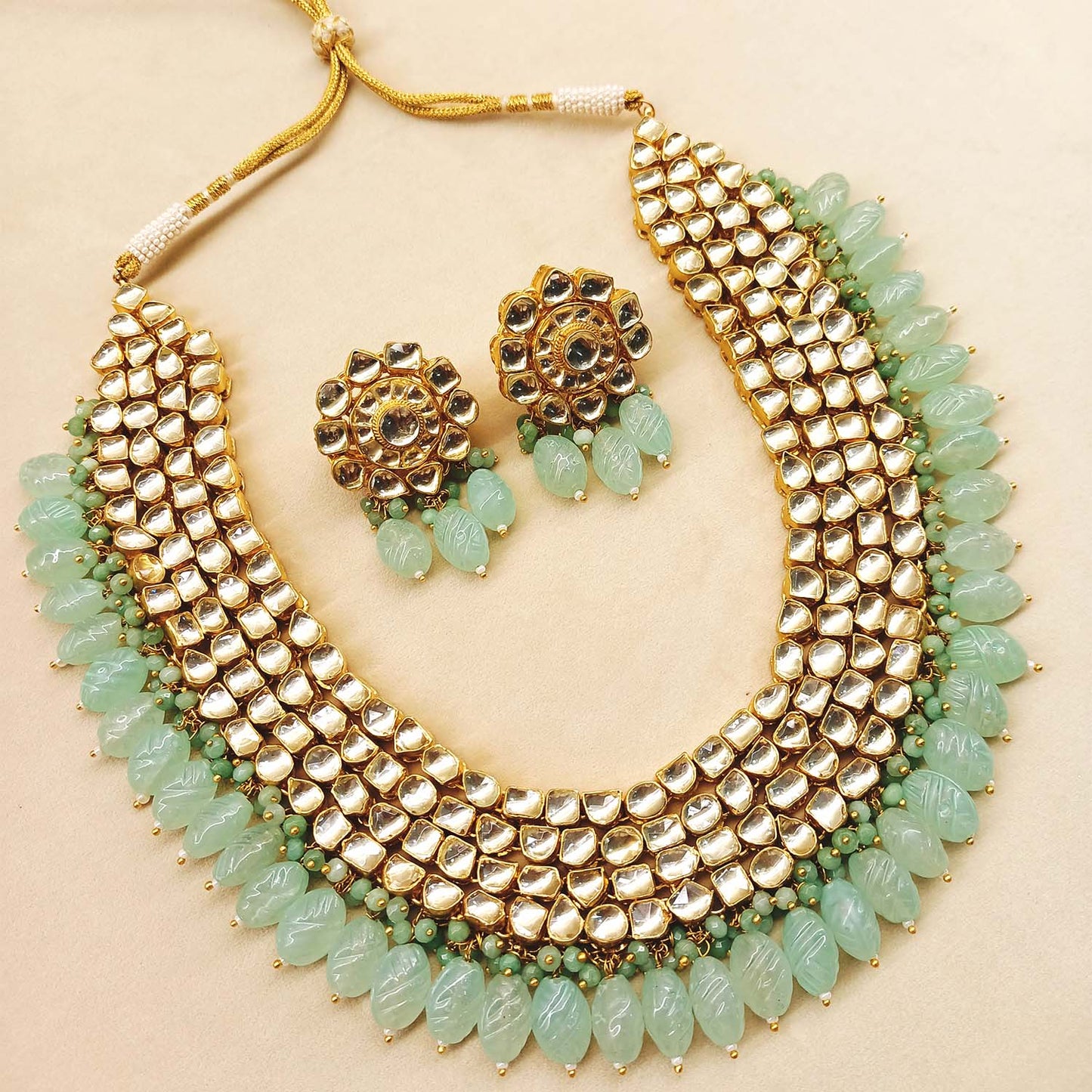 Naaz Golden Coloured Pachi Kundan Long Necklace Set With Mint Green Drops