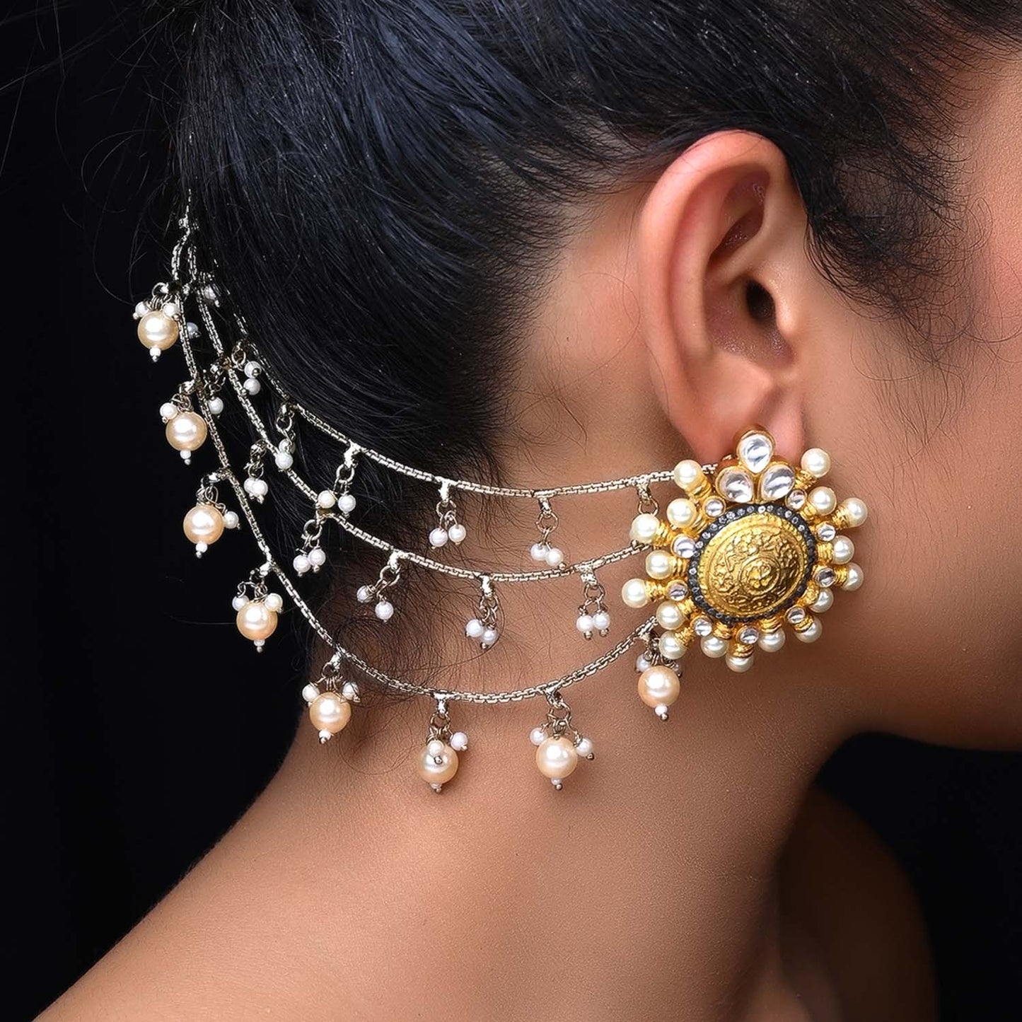 Sejal Off White Pearl Gold Plated Ear Chain