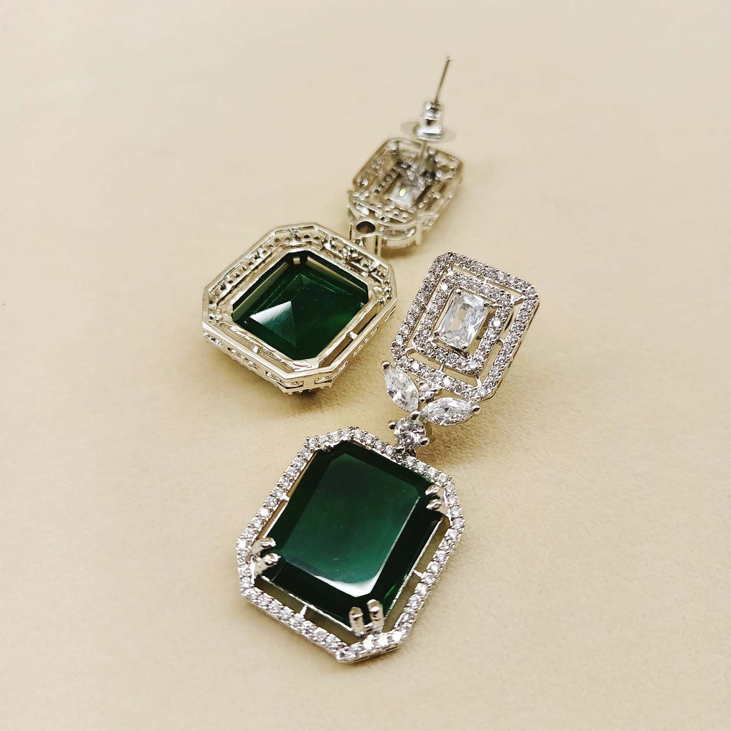 Devika Green Emerald Stone American Diamond Danglers