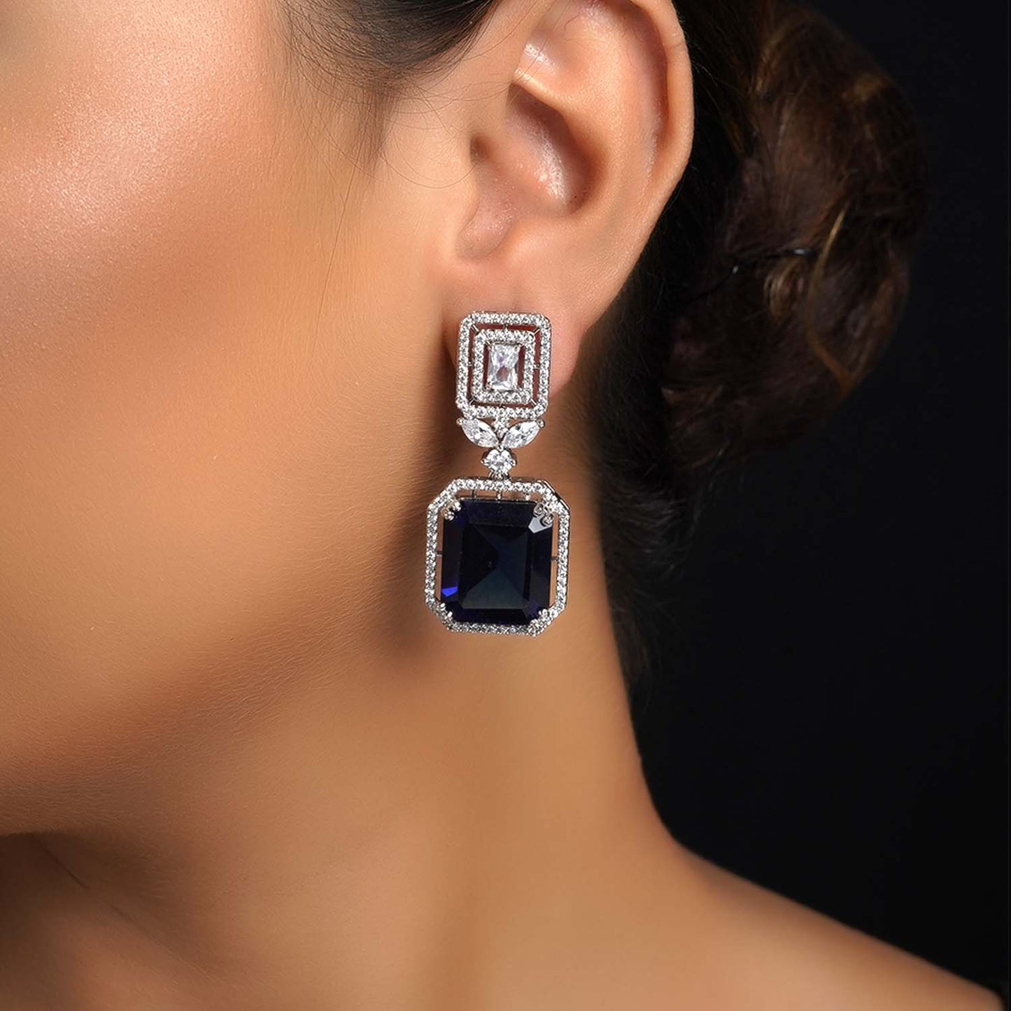 Devki Blue Sapphire Stone American Diamond Earrings