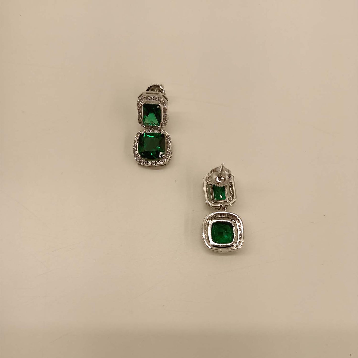 Damyanti Green Emerald Stones Silver Plated American Diamond Earrings