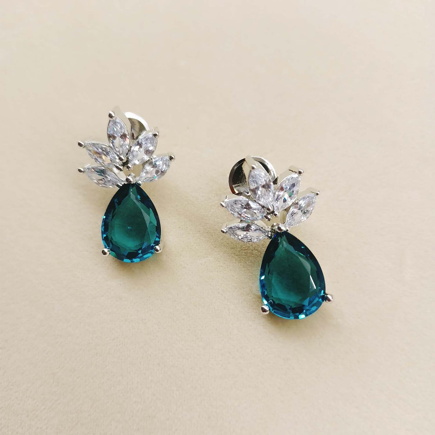 Deepa Fancy Cut Shape Diamond Earrings With Aqua Stone