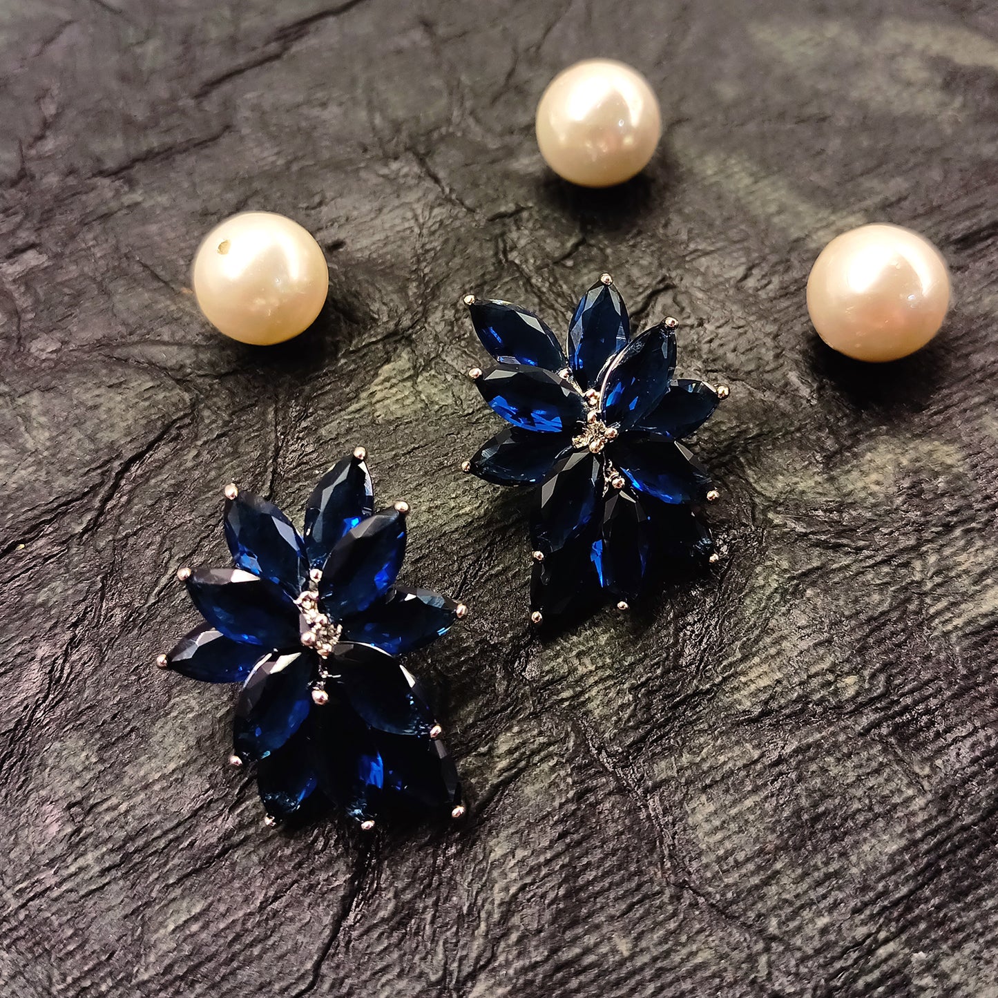 Payal Blue Sapphire Floral American Diamond Silver Plated Earrings