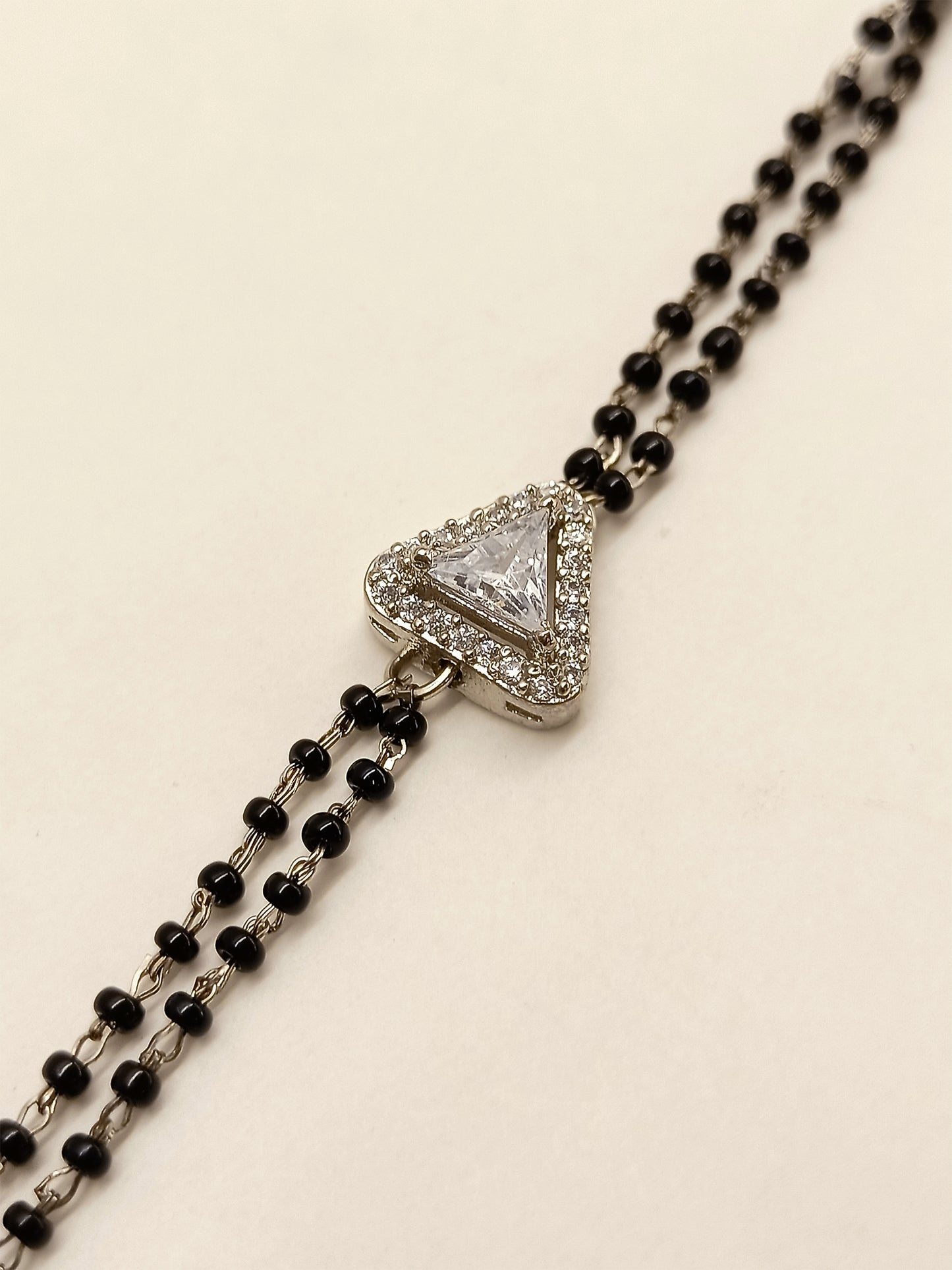 Gauhar American Diamond With Black Beads Silver Plated Hand Mangal Sutra