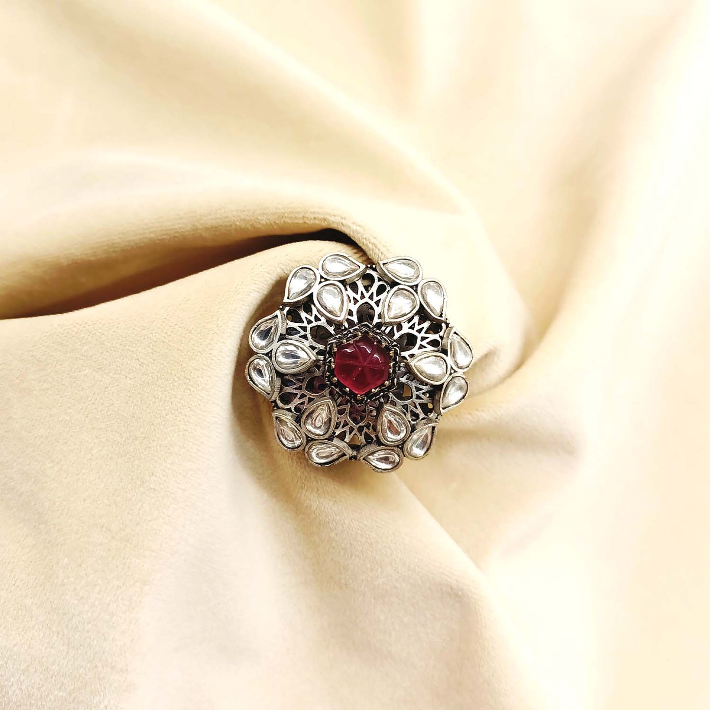 Indira Rose Pink Stone Oxidized Silver Boutique Ring