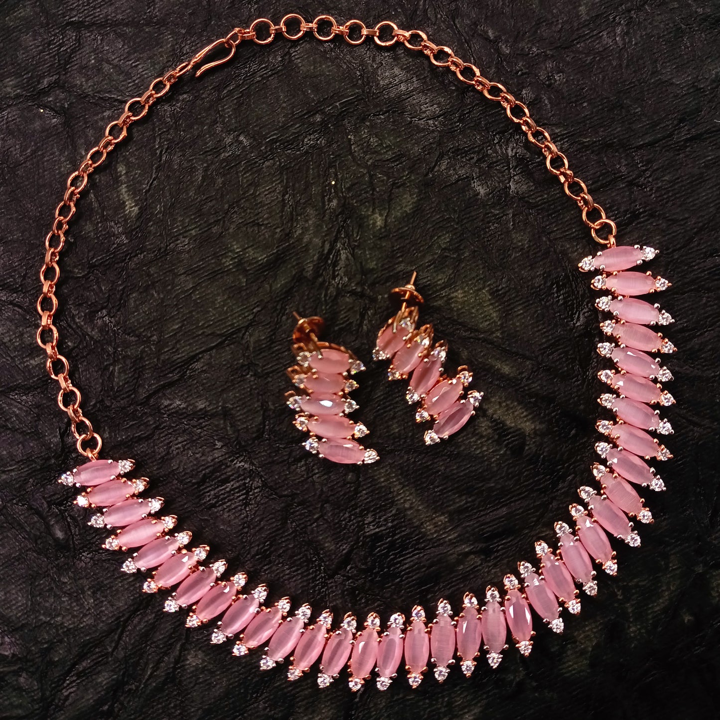 Samaira Pink American Diamond Rose Gold Plated Necklace Set