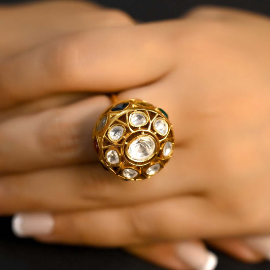 Heena Multi Colour Gold Plated Kundan Ring
