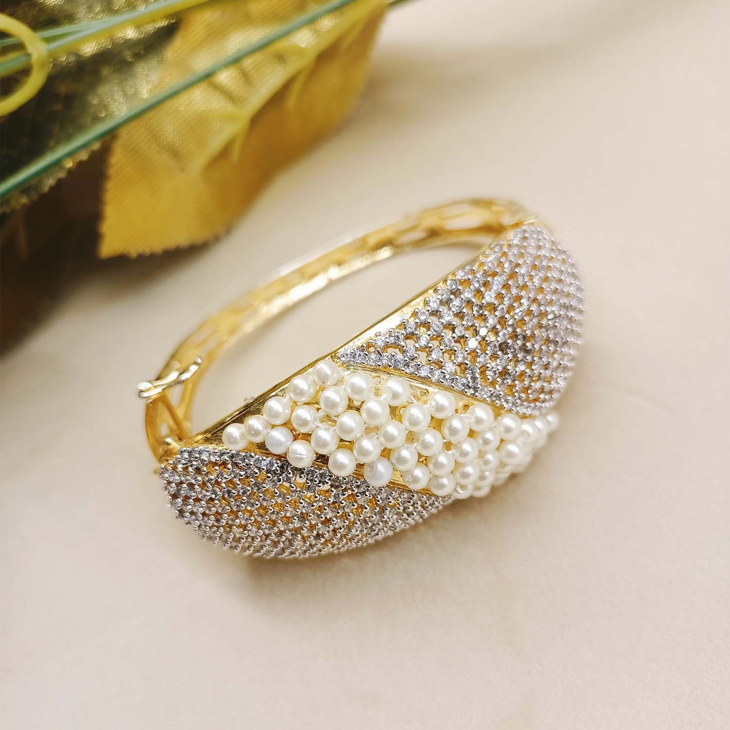 Vina Off White Beads Gold Plated American Daimond Bracelet