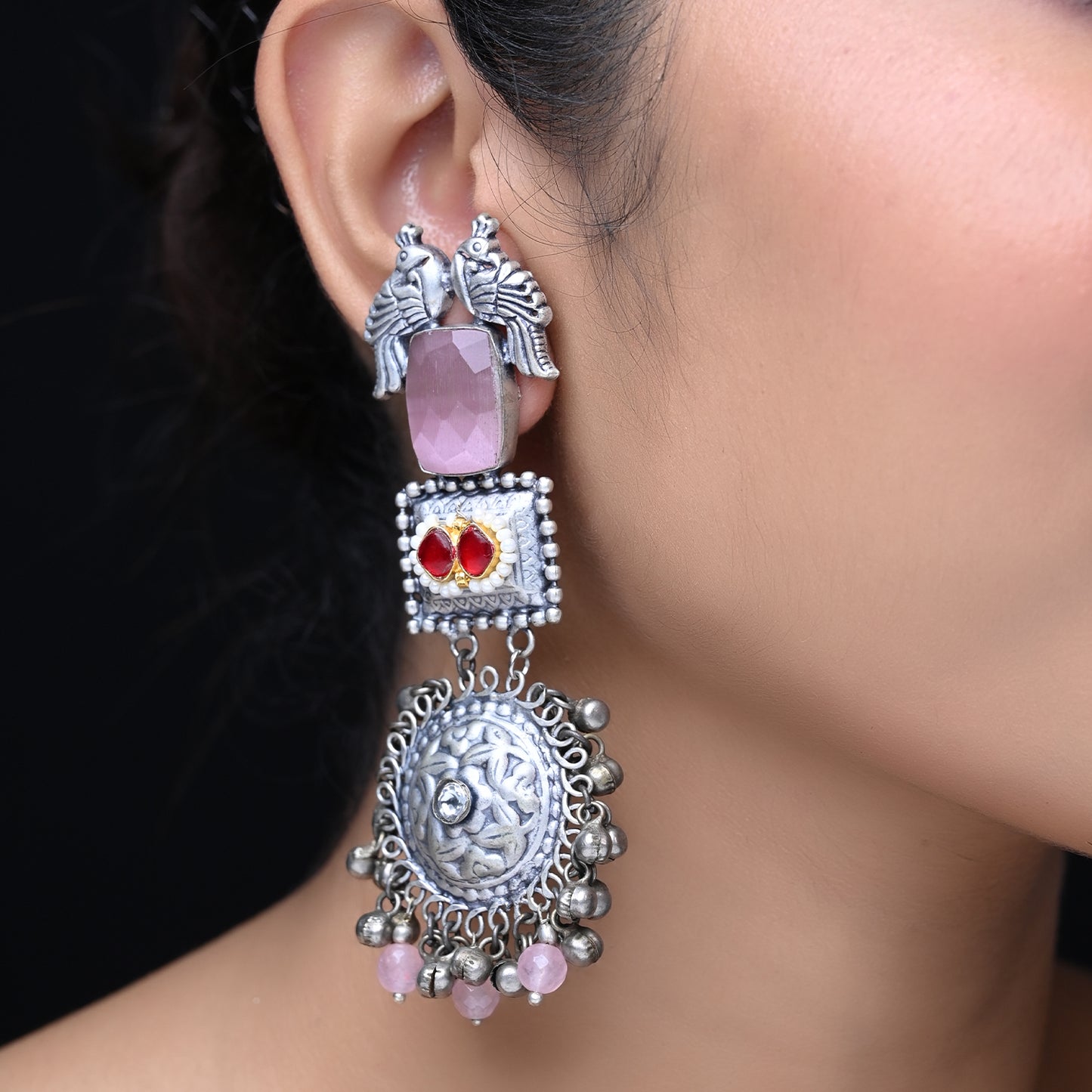 Sadiya Baby Pink And Silver Oxidized Earrings