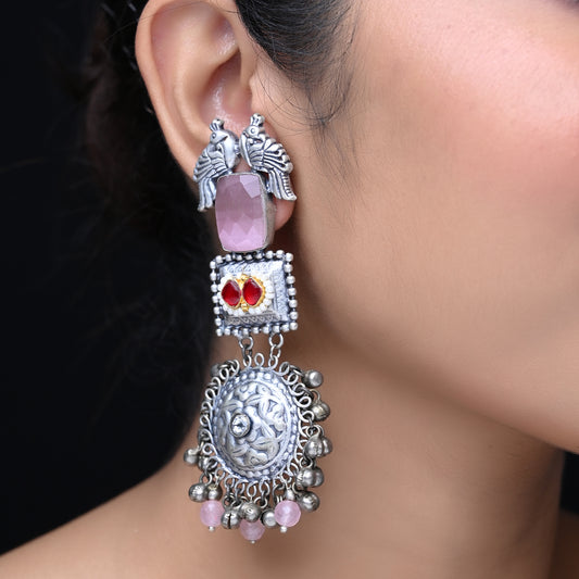 Sadiya Baby Pink And Silver Oxidized Earrings