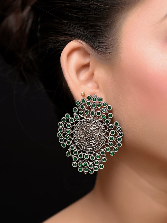 Mehru Big Oxidised Stud Earrings In Green