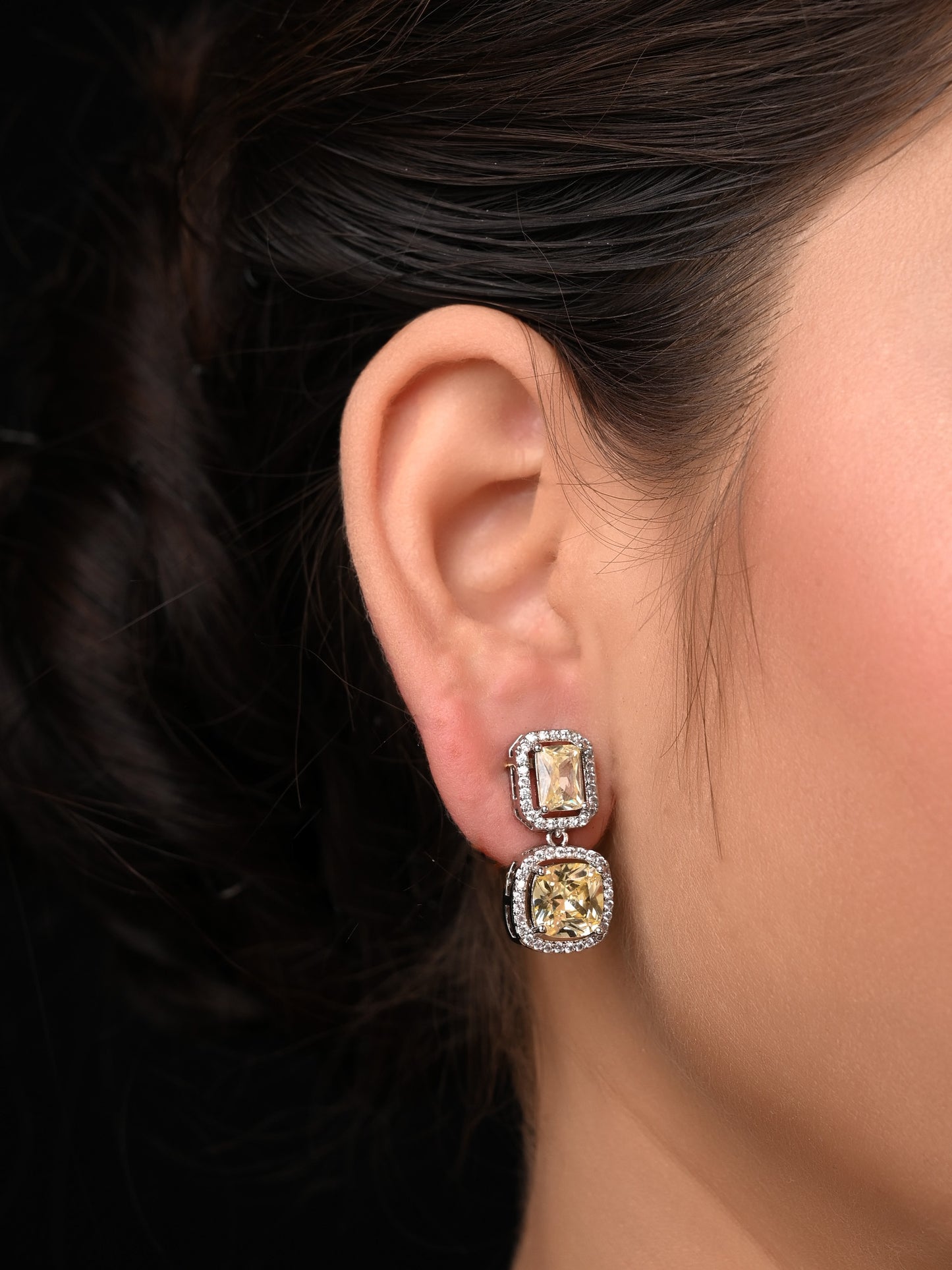 Rituja Yellow Stone Silver Plated Diamond Earrings