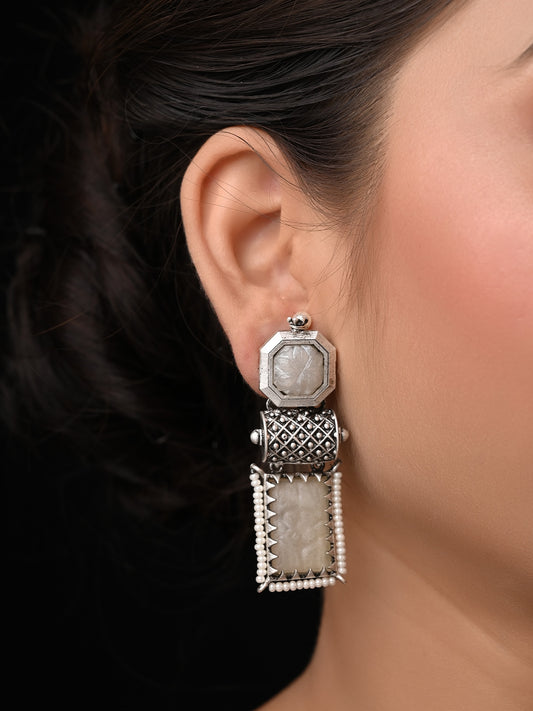 Sweety Rectangular Contemporary Smoke White Oxidised Earrings