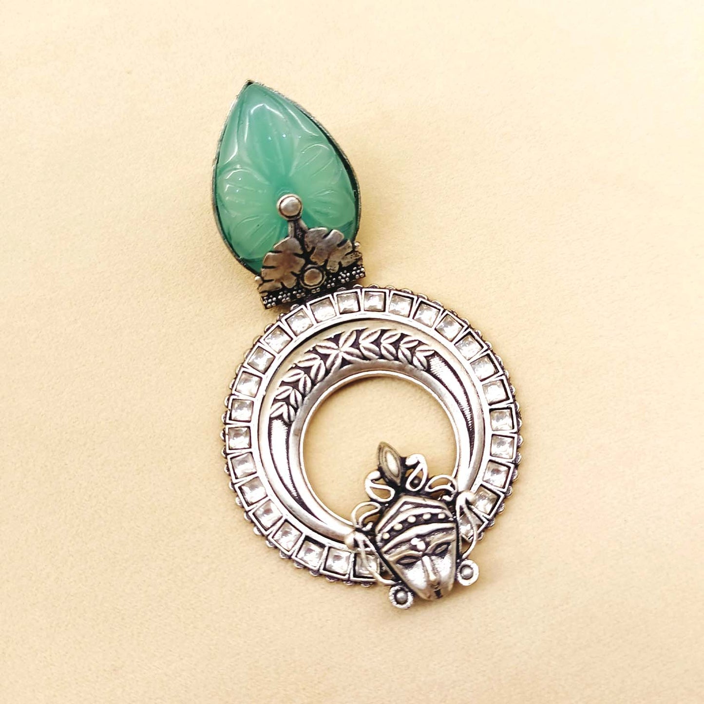 Mayura Mint Green Stone Temple Silver Plated Boutique Earrings