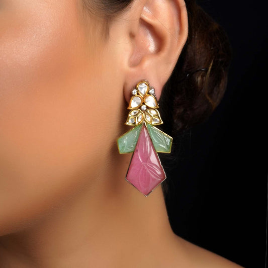 Draupadi Pink And Mint Green Rhodium Plated Victorian Earrings
