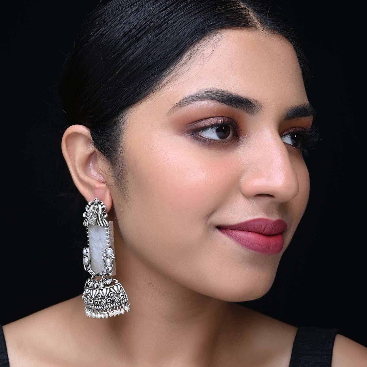 Shridevi White Stoned Oxidised Earrings