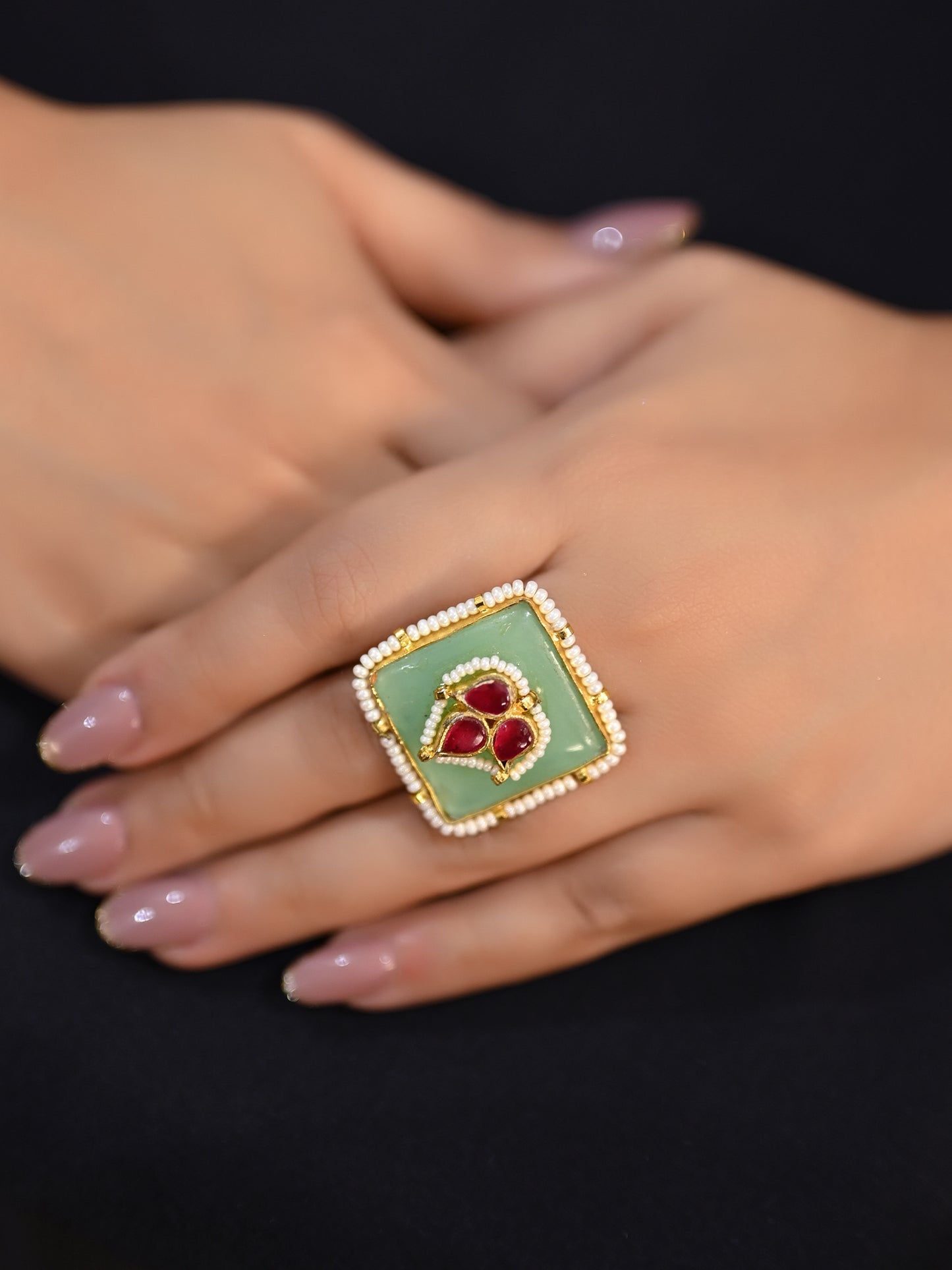 Neeti Kundan With Mint Green Stone Finger Ring