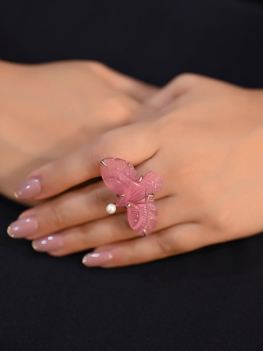 Pushti Carved Natural Stone Pink Bird Finger Ring