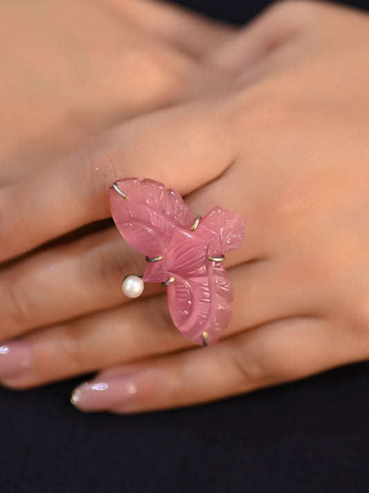 Pushti Carved Natural Stone Pink Bird Finger Ring
