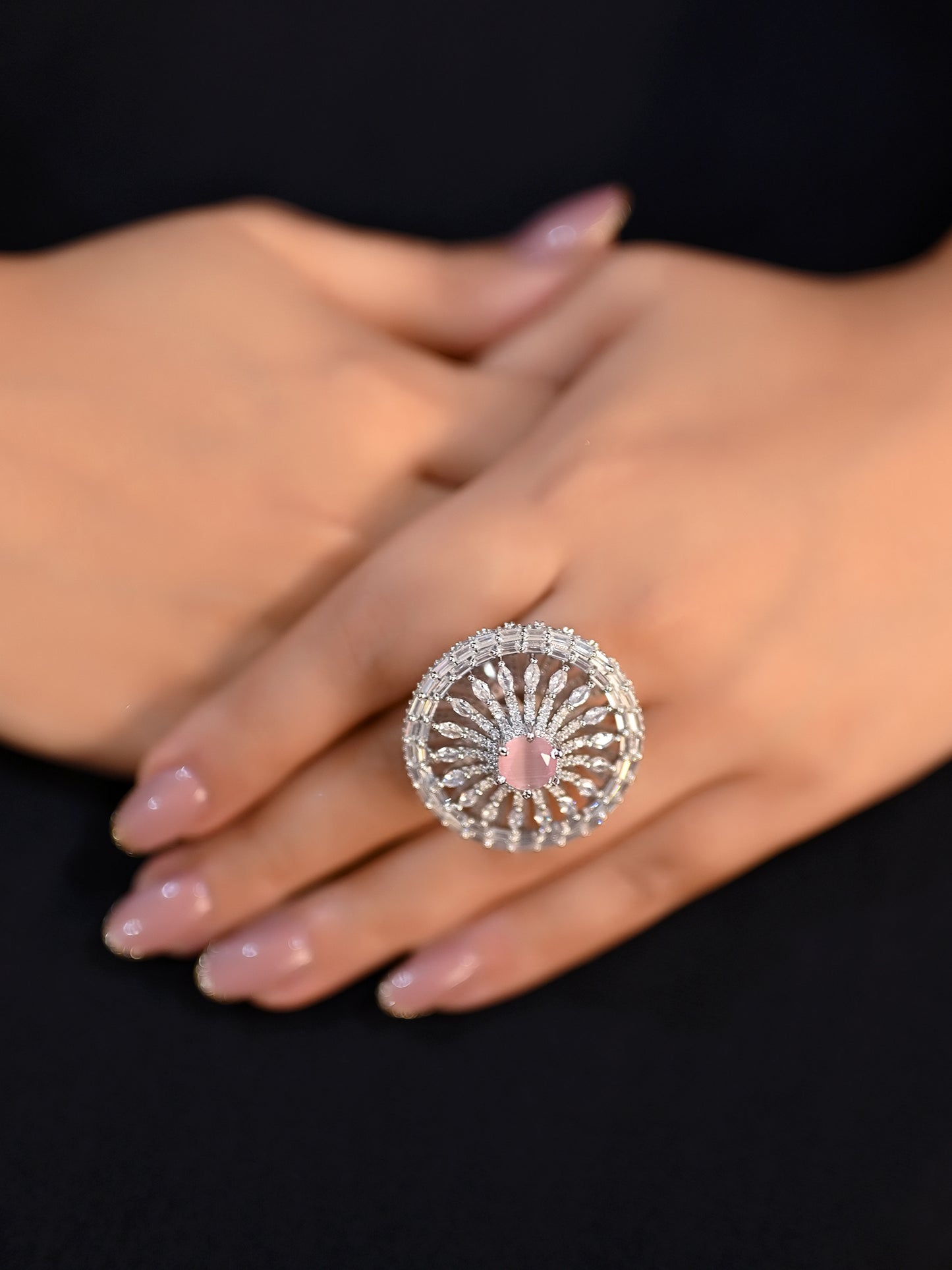 Nilambari Round Baby Pink Silver Ring