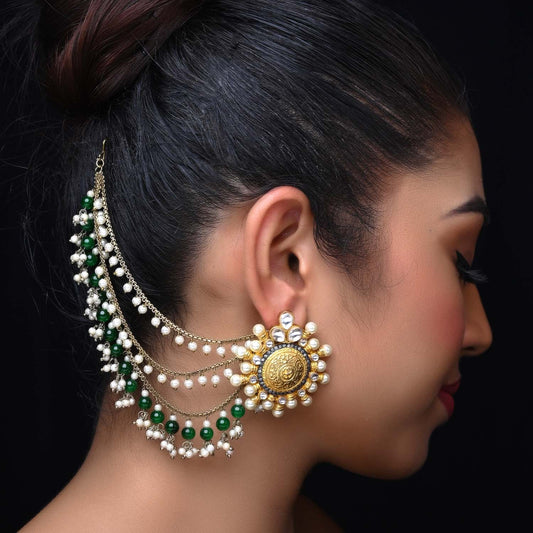 Manpreet Green Emerald Gold Plated Ear Chain