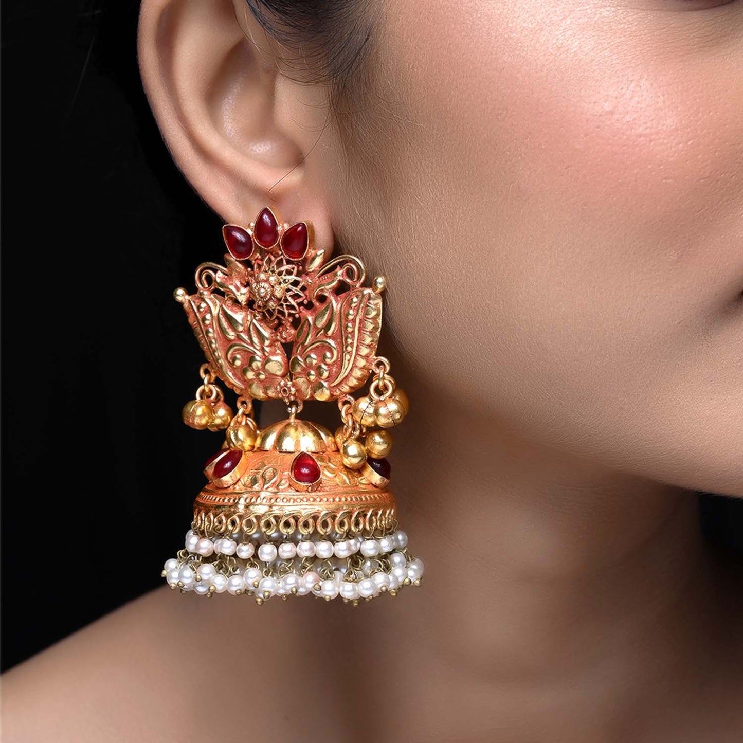 Madhulata Ruby Stone Gold Plated Antique Temple Jhumki