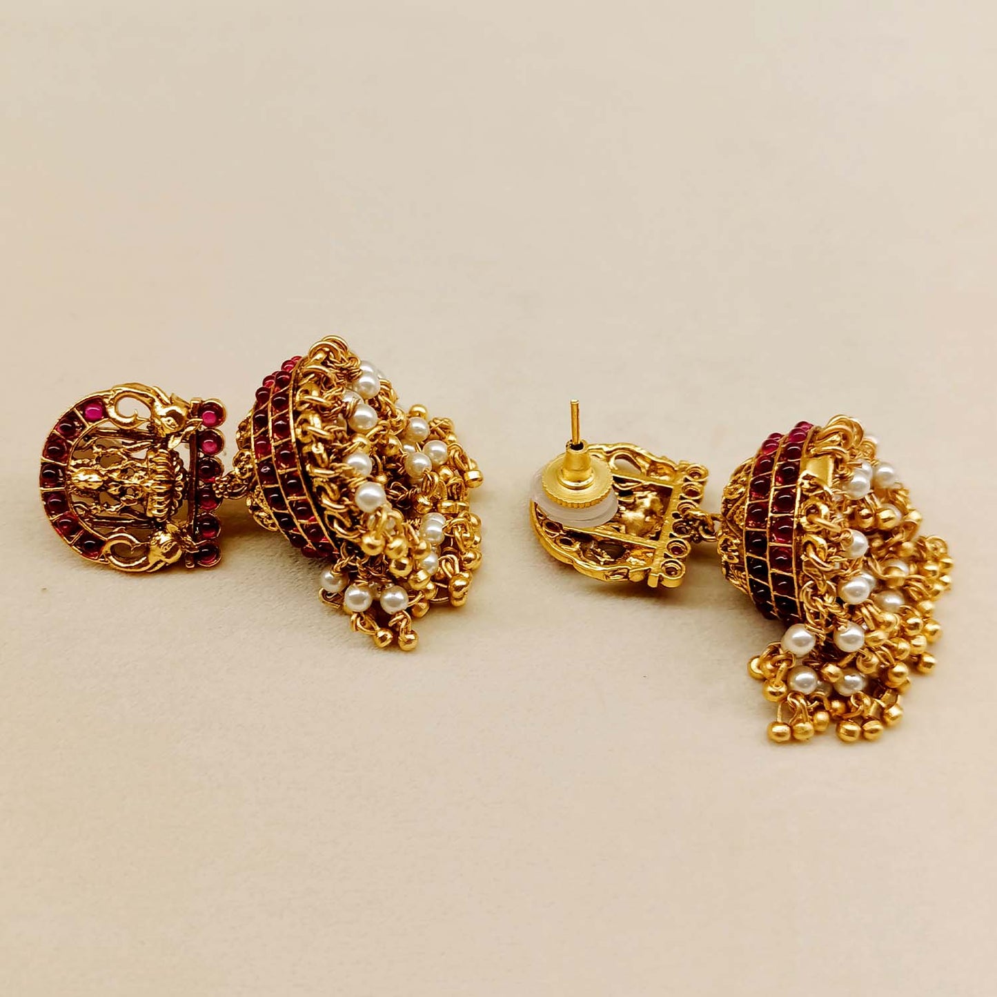 Megha Rose Pink Stone Gold Plated Antique Temple Jhumki