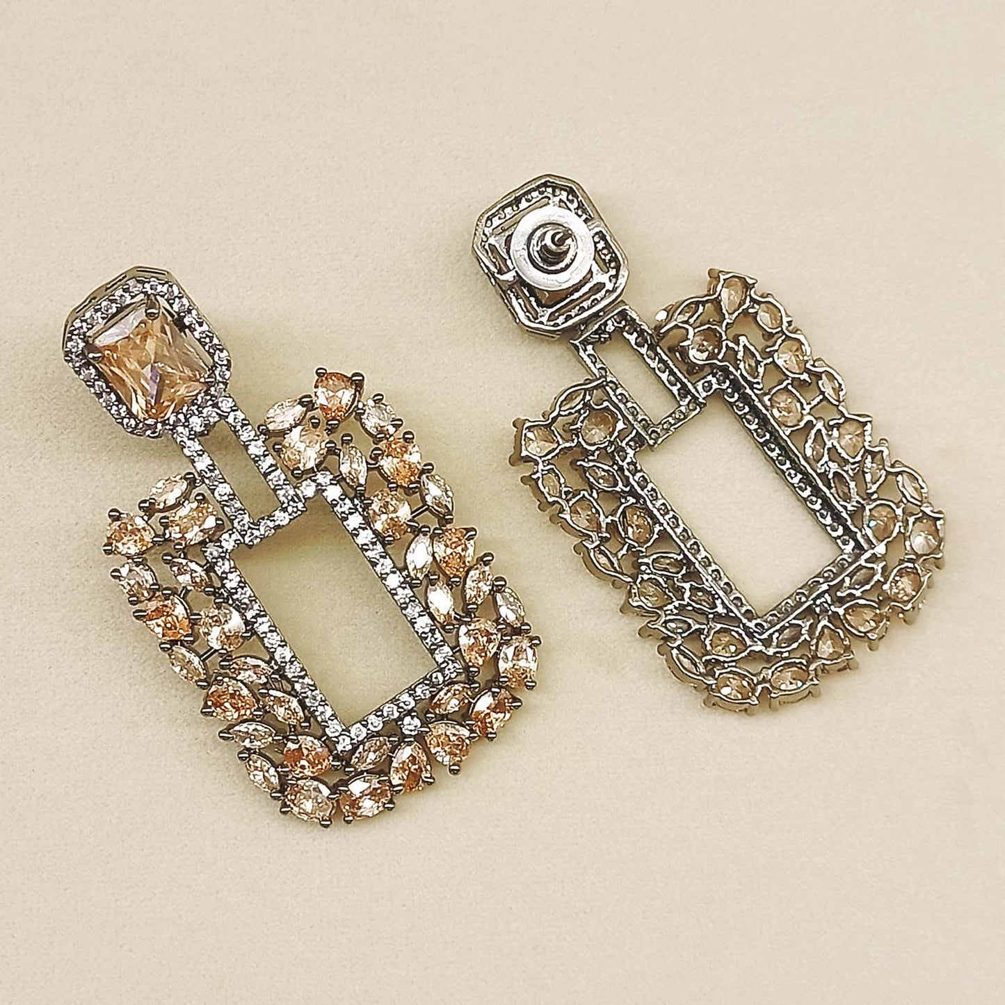Disha Diamond Work Rhodium Plated Copper Victorian Earrings