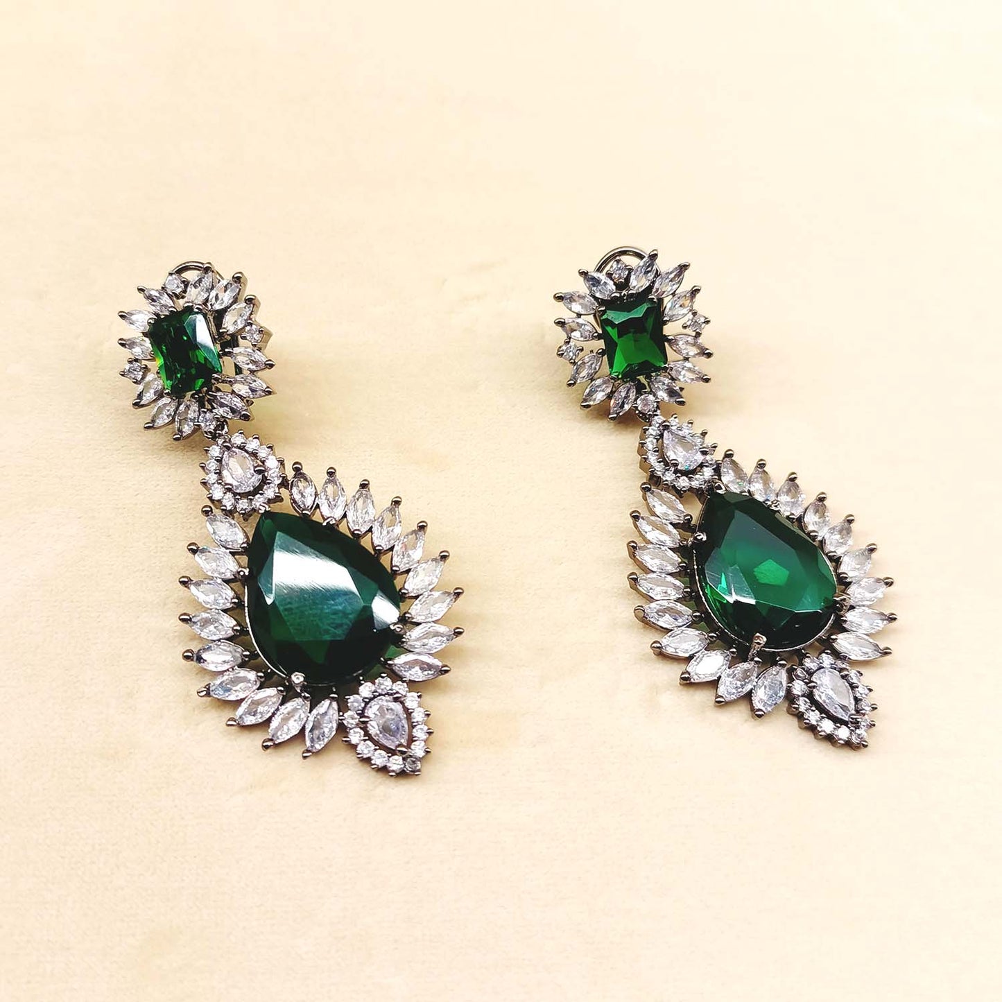 Eiravati Green Emerald Diamond Rhodium Plated Victorian Earrings