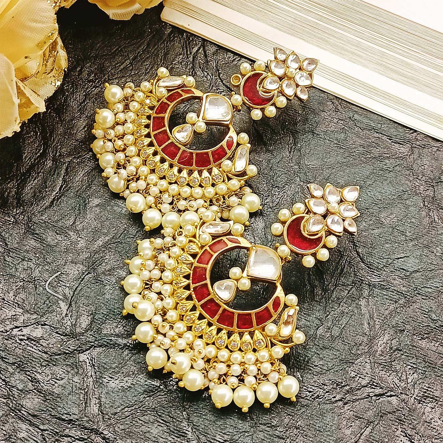 Bindiya kundan earrings and maangtikka- Pink – Rohika Store