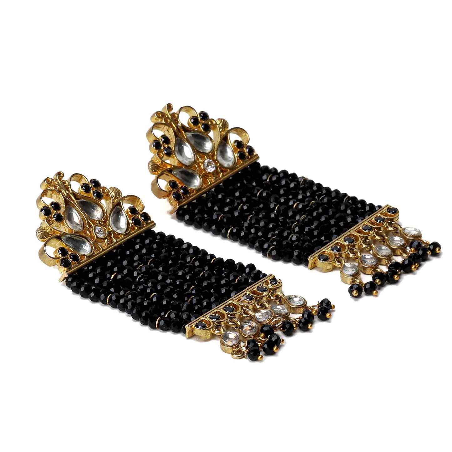 Adwita Black Crystal Beads Gold Plated Kundan Earrings