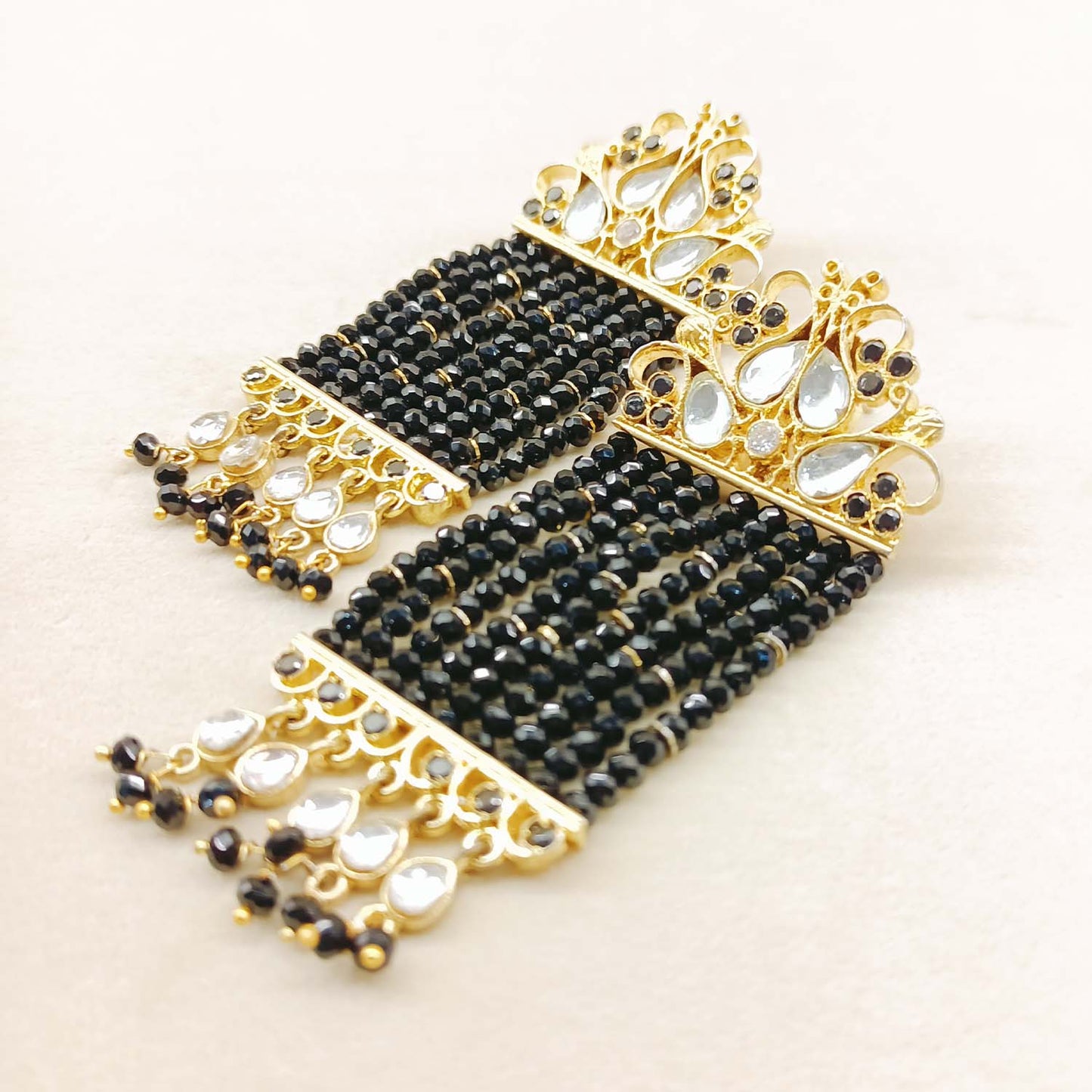 Adwita Black Crystal Beads Gold Plated Kundan Earrings