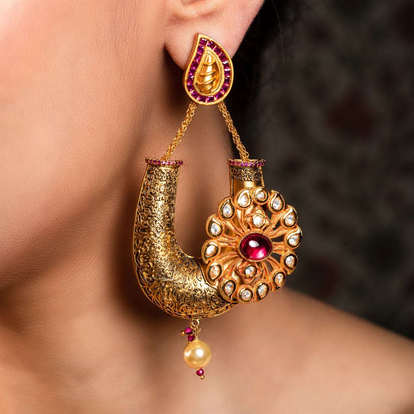 Akshara Majenta Antique Gold Plated Kundan Earrings
