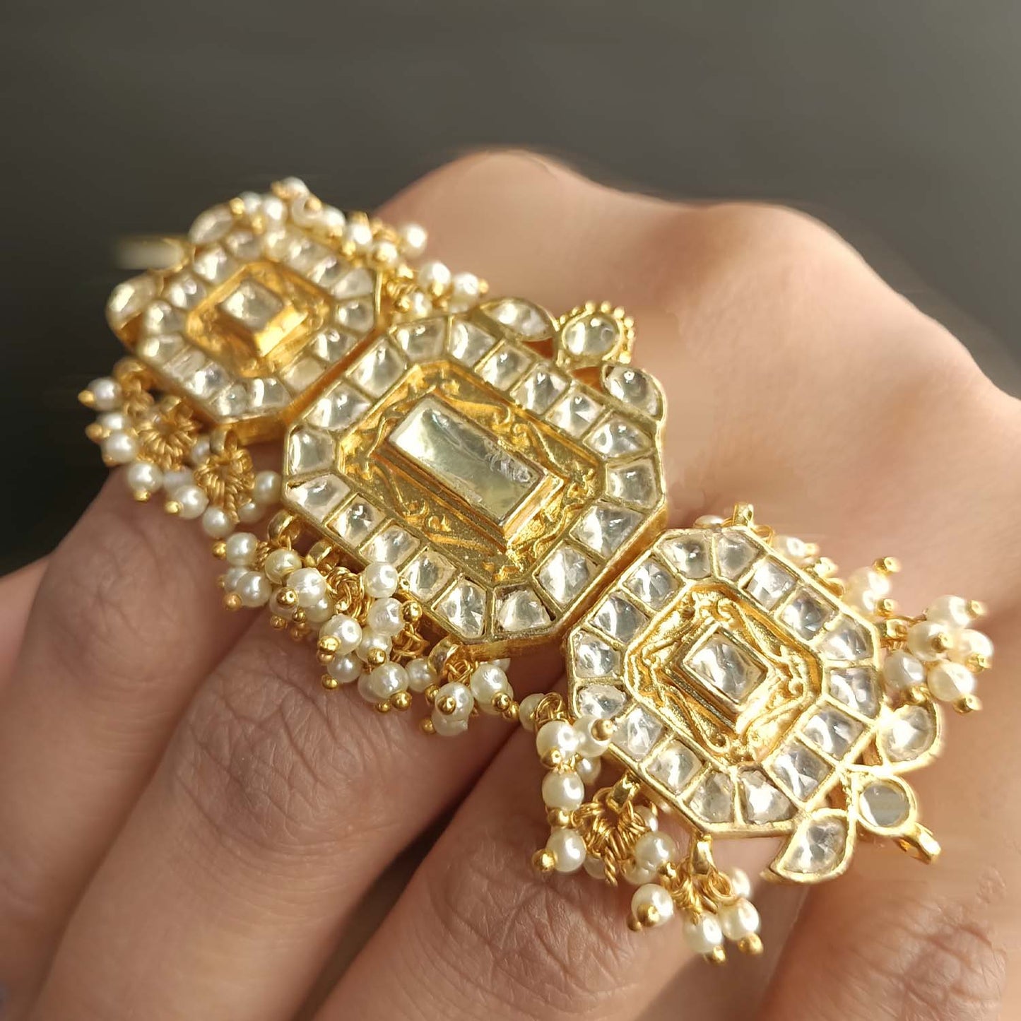 Chandini Gold Plated Three Band Kundan Ring