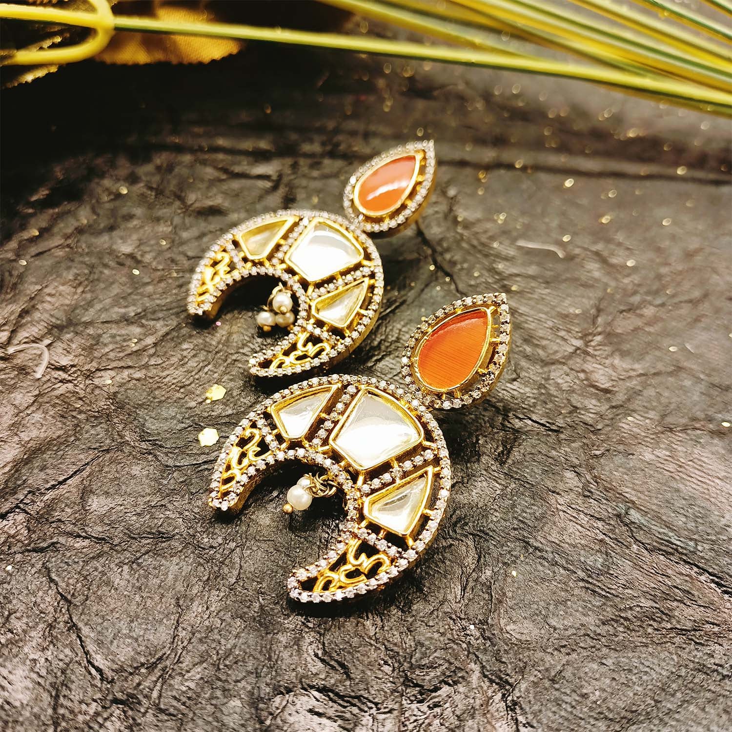 Kundan  Color Crystal EarRings with Pearl  Orange  PAJINDIA