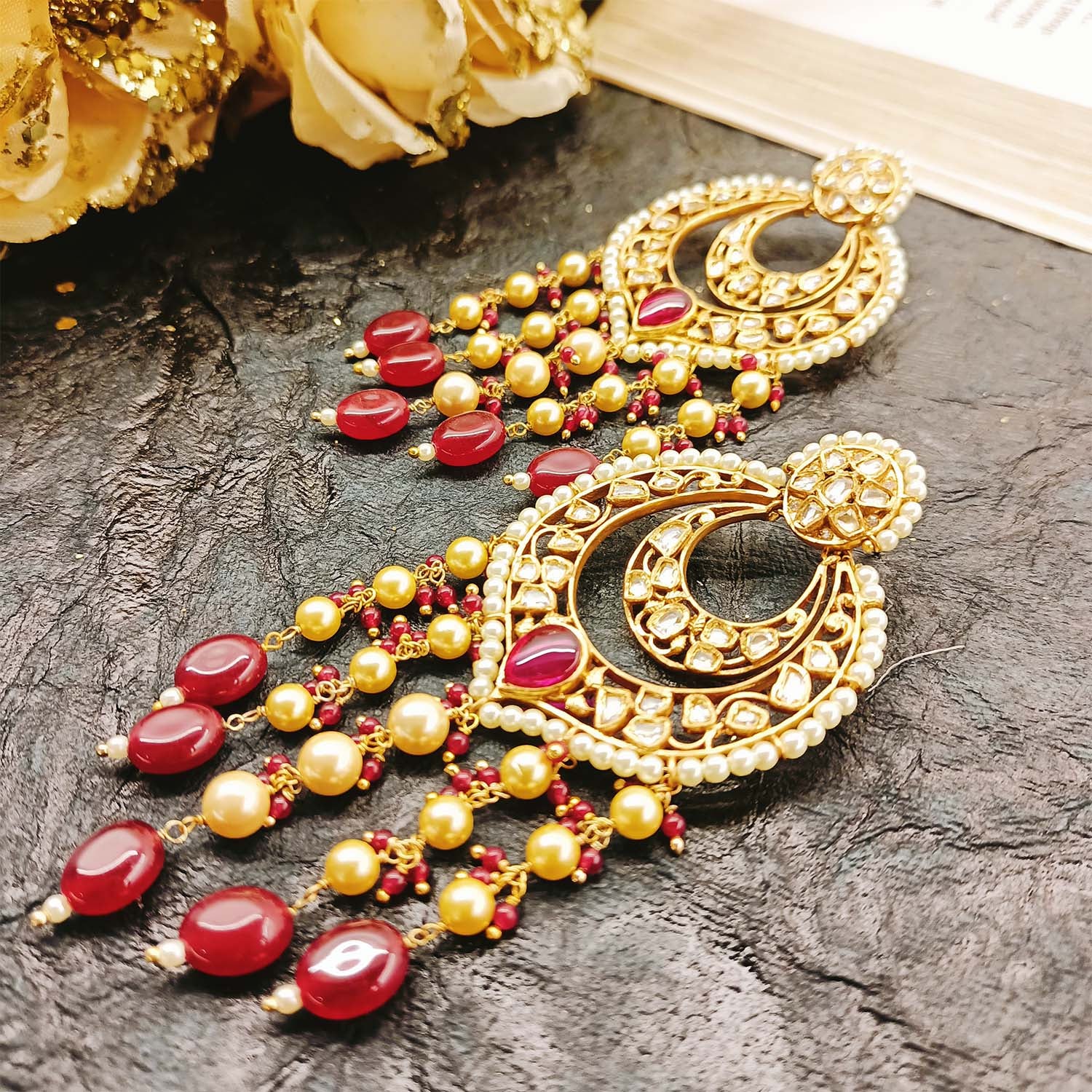 Gorgeous antique golden pink kundan earrings at ₹1400 | Azilaa