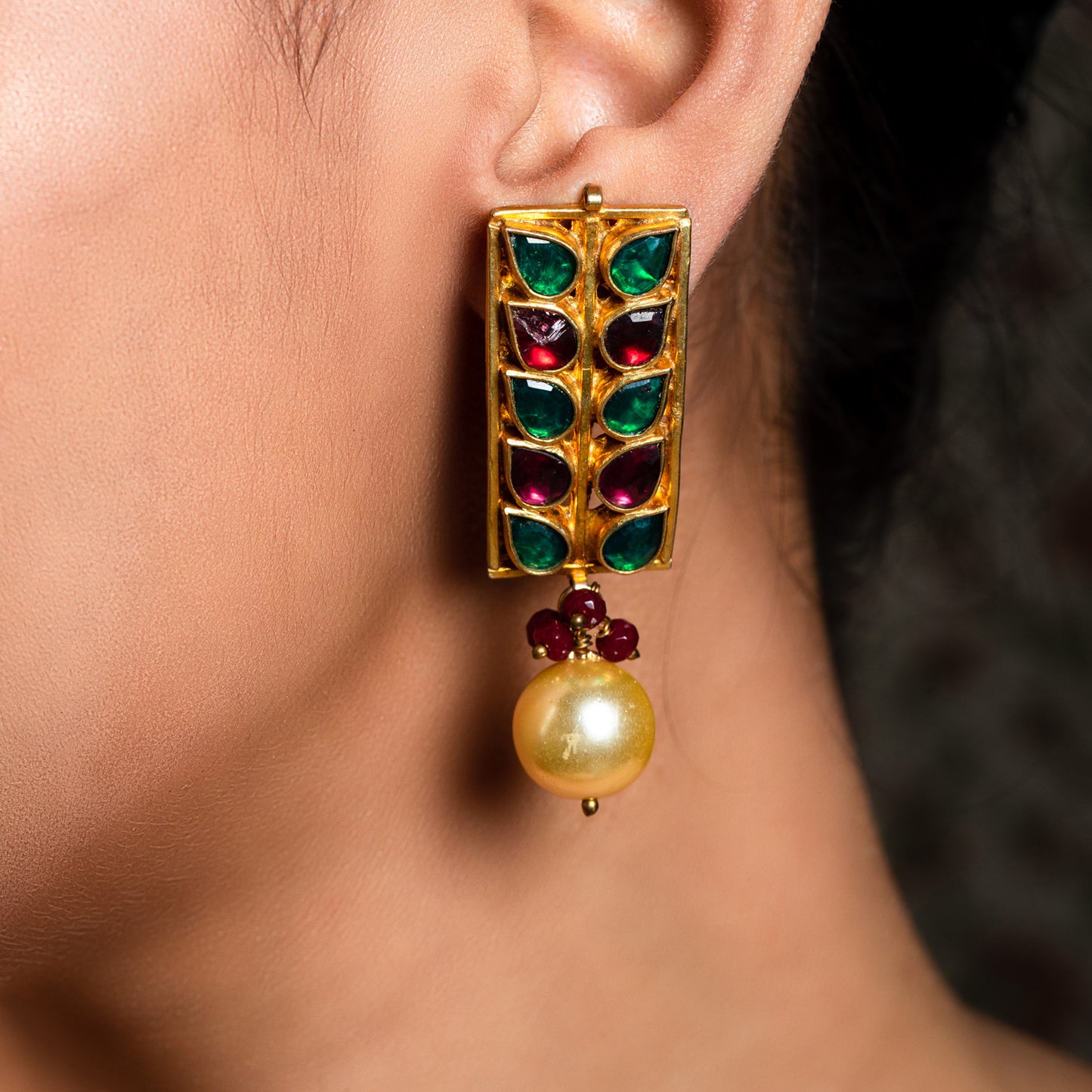 Advika Wine & Green Coloured Paachi Kundan Earrings