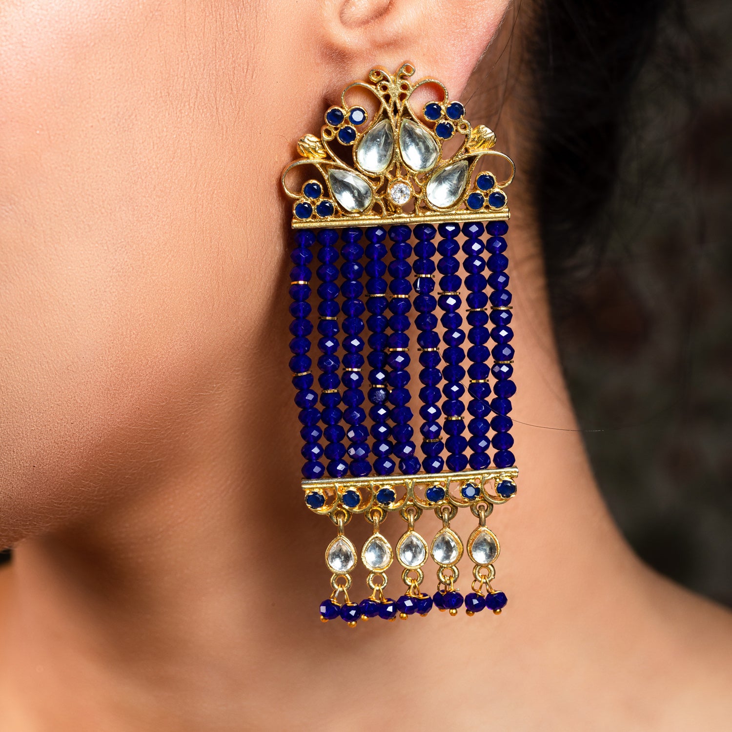 Blue Meena Kundan Gold Jhumka Earrings